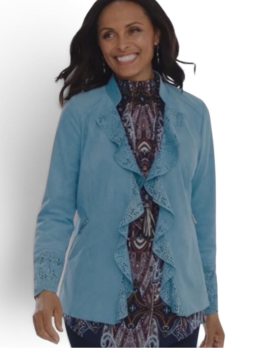 Chico’s Blue Faux Suede Laser Cut Ruffle Jacket Size 2 US L